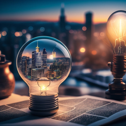 A glowing lightbulb surrounded by magnifying glasses, compasses, and puzzle pieces, with a subtle cityscape or digital landscape in the background, conveying discovery and insight.