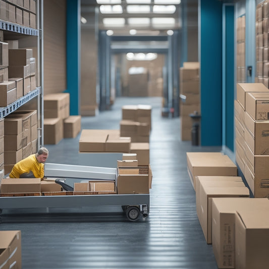 An illustration of a conveyor belt with cardboard boxes moving smoothly in one direction, with a few boxes being efficiently routed off to a separate "returns" area with a digital tablet and a satisfied customer in the background.