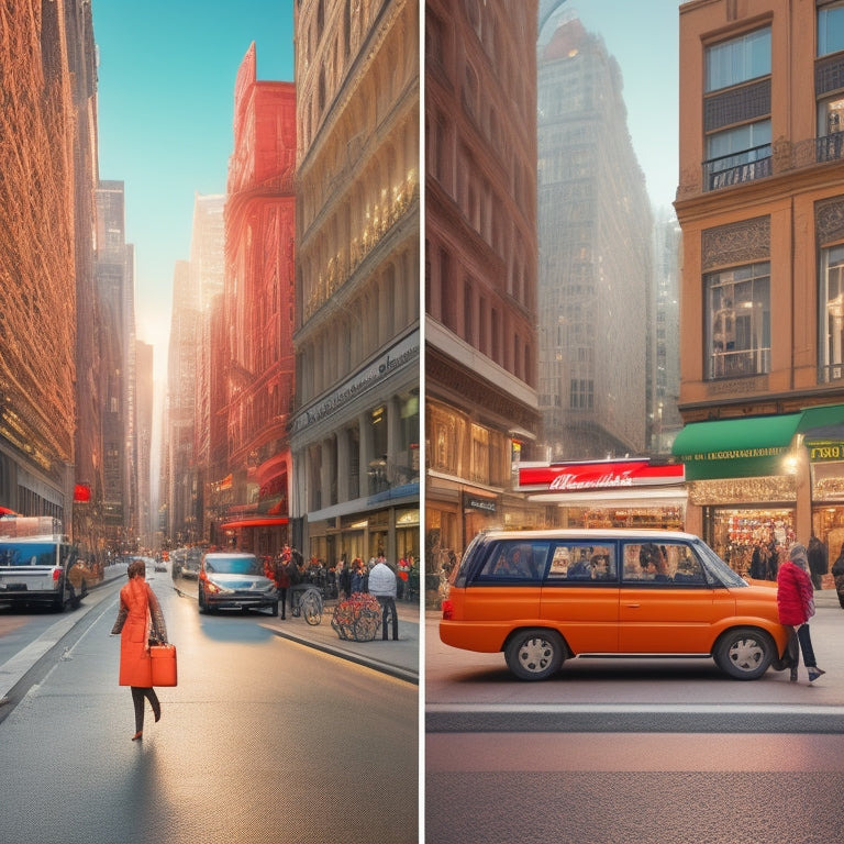 A split-screen image: on the left, a bustling city street with empty storefronts and few pedestrians, while on the right, a busy online shopping interface with flying shopping carts and rising sales graphs.