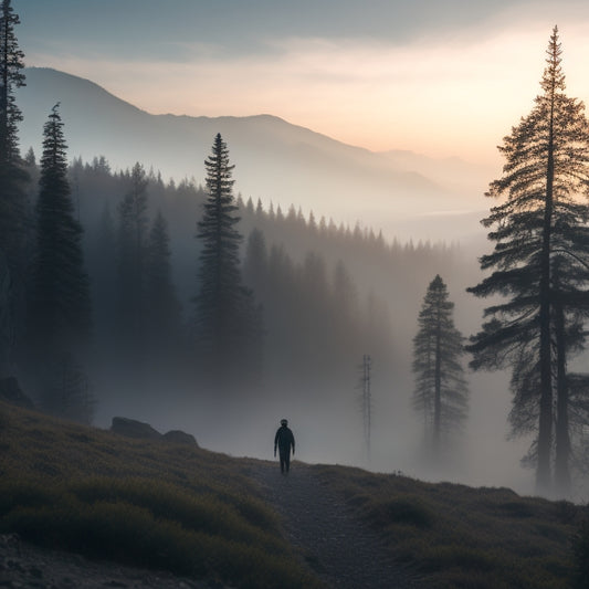 A serene, misty mountain landscape with a subtle hint of dawn breaking, featuring a solo backpacker in the distance, surrounded by silhouetted trees, with a faint gear silhouette in the foreground.