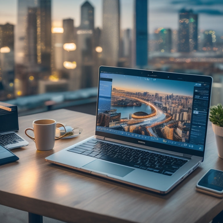A laptop on a modern desk with a blurred-out cityscape in the background, surrounded by scattered digital devices and cables, with a few open tabs on the screen showcasing e-commerce platforms.