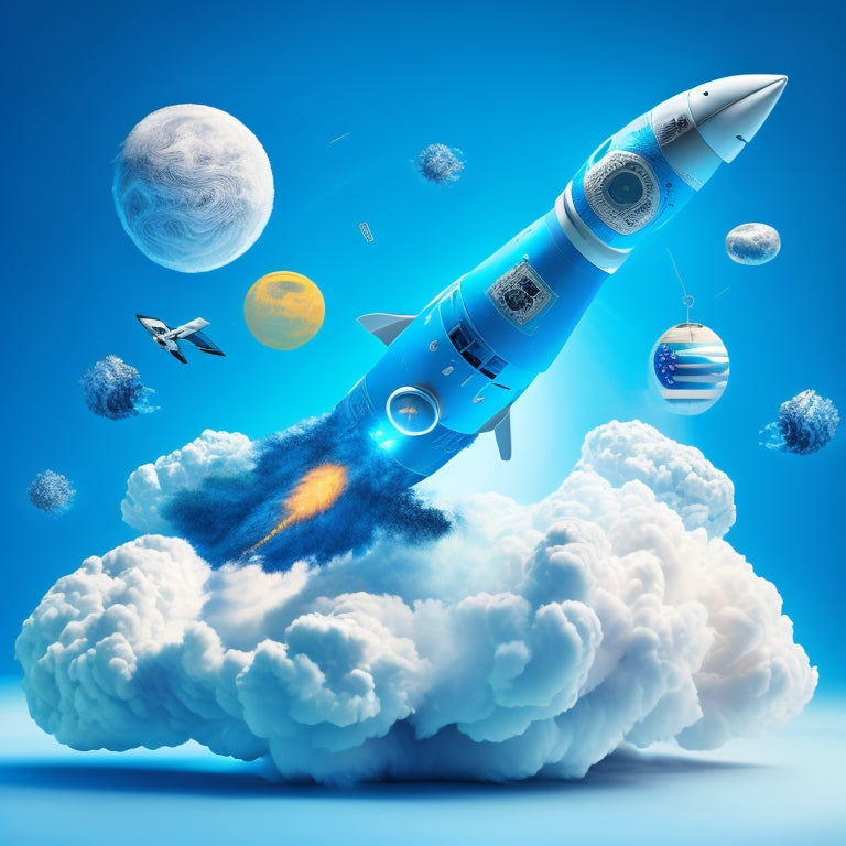 A stylized illustration of a rocket ship blasting off, propelled by a swirling vortex of 1s and 0s, surrounded by orbiting digital files, CDs, and USB drives, set against a bright blue background with fluffy white clouds.