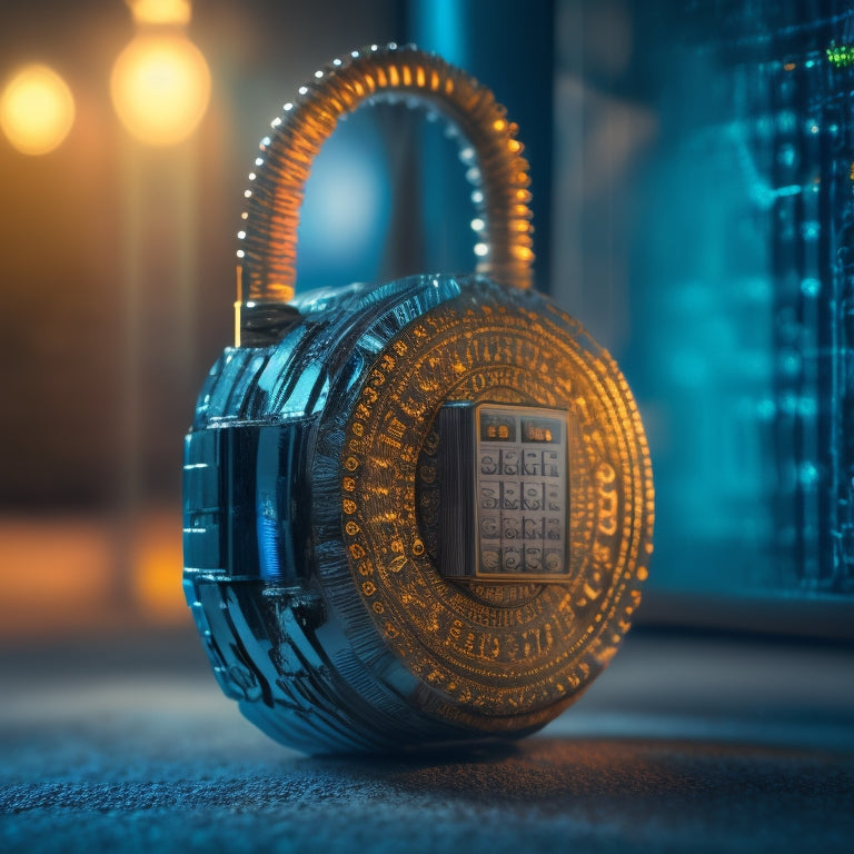 A digital padlock secured with a combination lock, surrounded by a web of interconnected gears, with a subtle glow of binary code in the background, symbolizing robust online course protection.