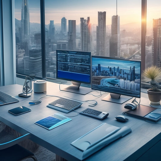 A futuristic, minimalist desk with a laptop, surrounded by various digital devices and gadgets, with a subtle cityscape or coding lines in the background, conveying innovation and technology.