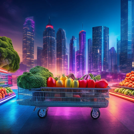 An illustration of a grocery cart overflowing with fresh produce and modern gadgets, set against a cityscape with sleek skyscrapers and neon lights, surrounded by swirling digital patterns and circuits.
