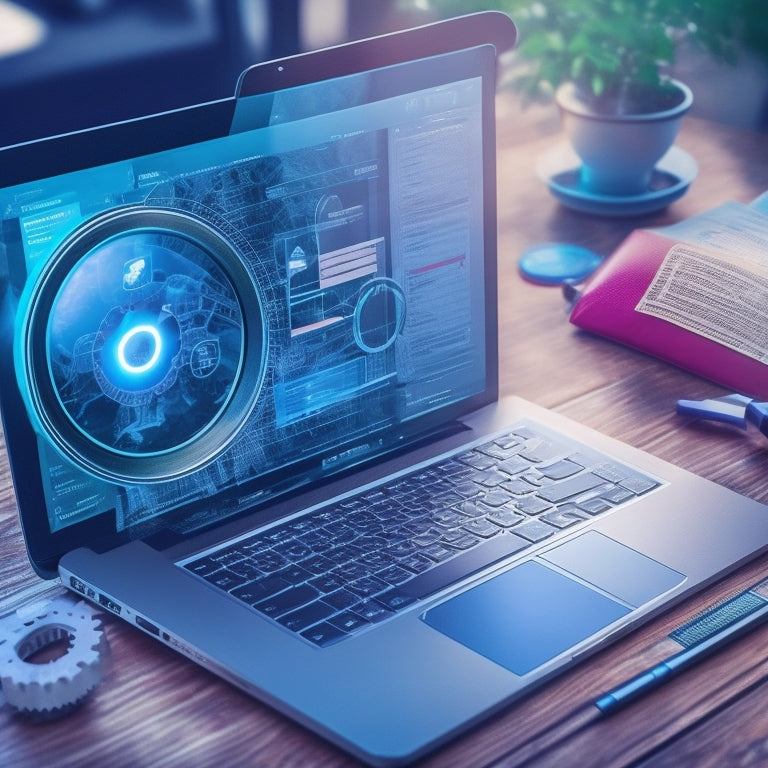A stylized illustration of a magnifying glass hovering over a laptop screen displaying an ecommerce website, surrounded by SEO-related icons like gears, charts, and target symbols.