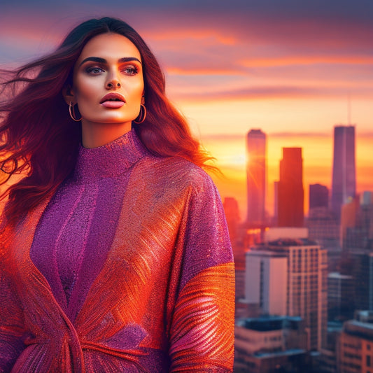 A stylized, modern illustration depicting a fashion model standing in front of a cityscape at sunset, surrounded by swirling fabrics and threads that morph into Magento's logo, with subtle hints of coding symbols in the background.