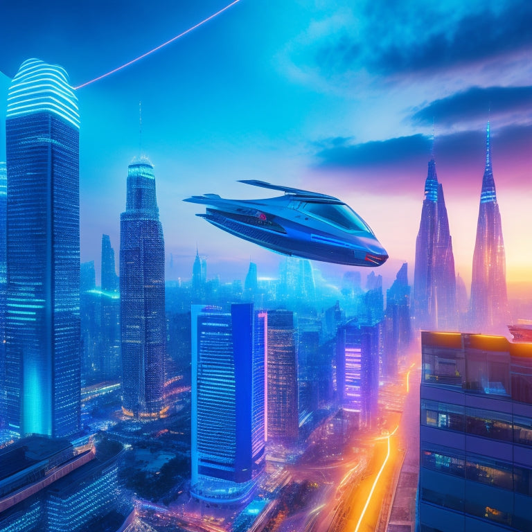 A futuristic, neon-lit cityscape at dusk with sleek skyscrapers and flying drones, featuring a prominent, glowing blue jetpack-wearing pilot soaring above a swirling vortex of shopping bags and packages.