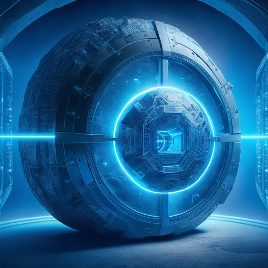A futuristic, high-tech illustration depicting a fortified digital vault with glowing blue circuits, protected by a shield with a keyhole, surrounded by orbiting cybersecurity nodes and interconnected globes.