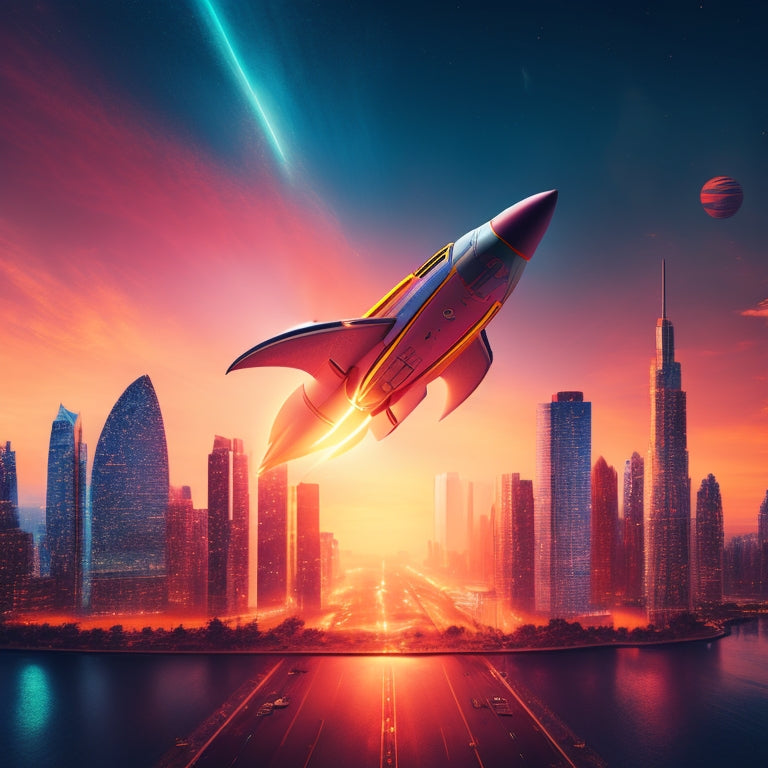 A stylized illustration of a rocket ship blasting off, surrounded by glowing digital circuits, with a subtle background of a cityscape at sunset, conveying speed, innovation, and limitless opportunities.