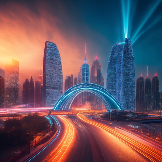 A futuristic cityscape at dusk with sleek skyscrapers and neon lights, featuring a large, glowing payment gateway archway bridging two buildings, with circuit board patterns and sparks flying around it.