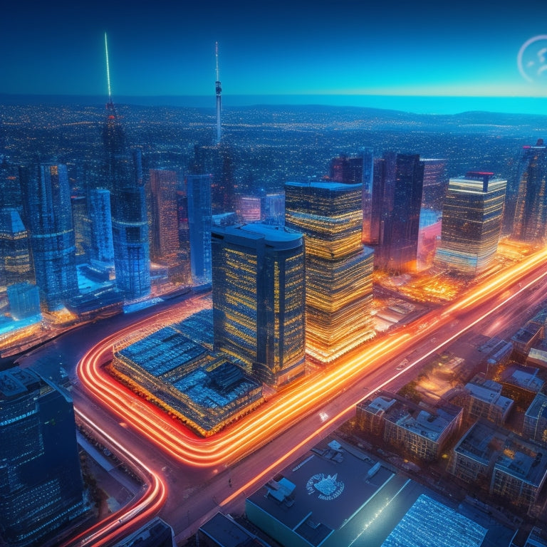 A stylized illustration of a virtual cityscape with various ecommerce platforms' logos (e.g. Shopify, Amazon, eBay) as towering skyscrapers, connected by glowing network lines and surrounded by circulating shopping carts.