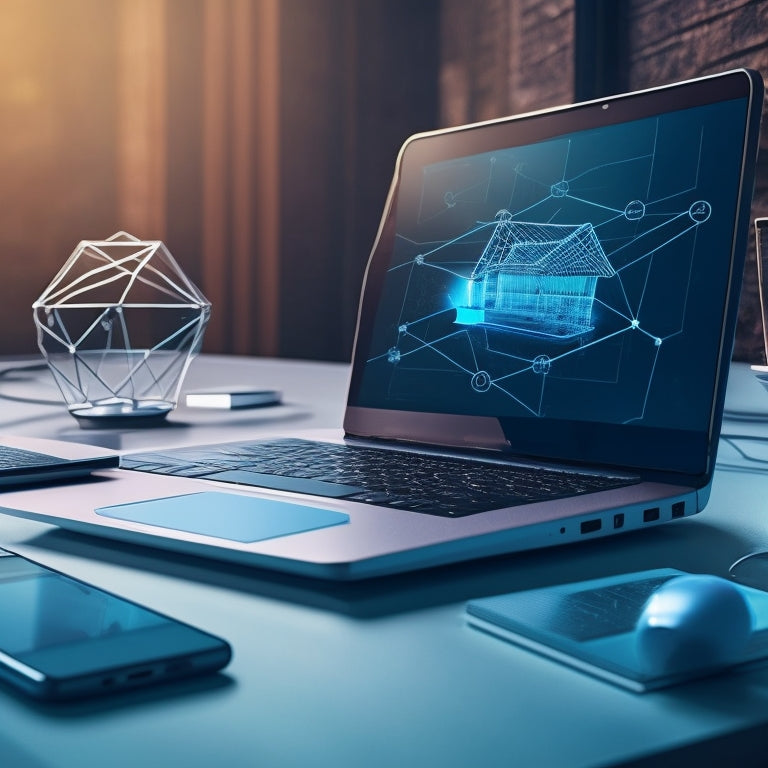 A futuristic, minimalist illustration featuring a laptop and smartphone surrounded by stylized, interconnected nodes and lines, symbolizing online platforms and digital sales connections.