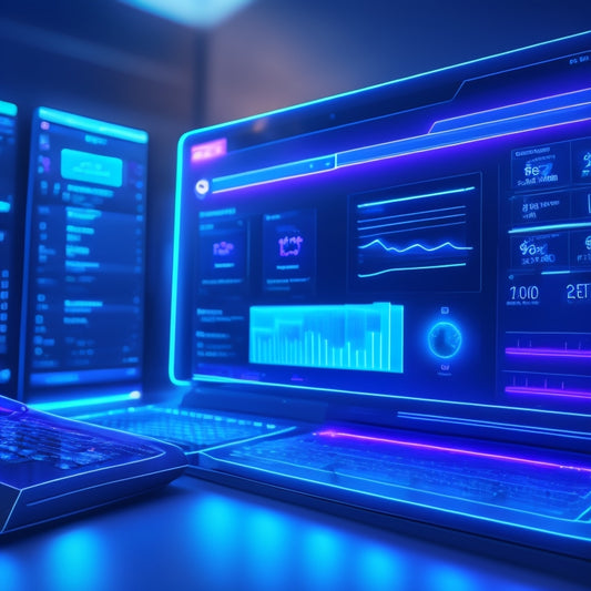 A futuristic ecommerce dashboard with glowing blue circuits, surrounded by rising sales graphs and 3D models of shopping carts, laptops, and smartphones, set against a dark blue background with neon accents.