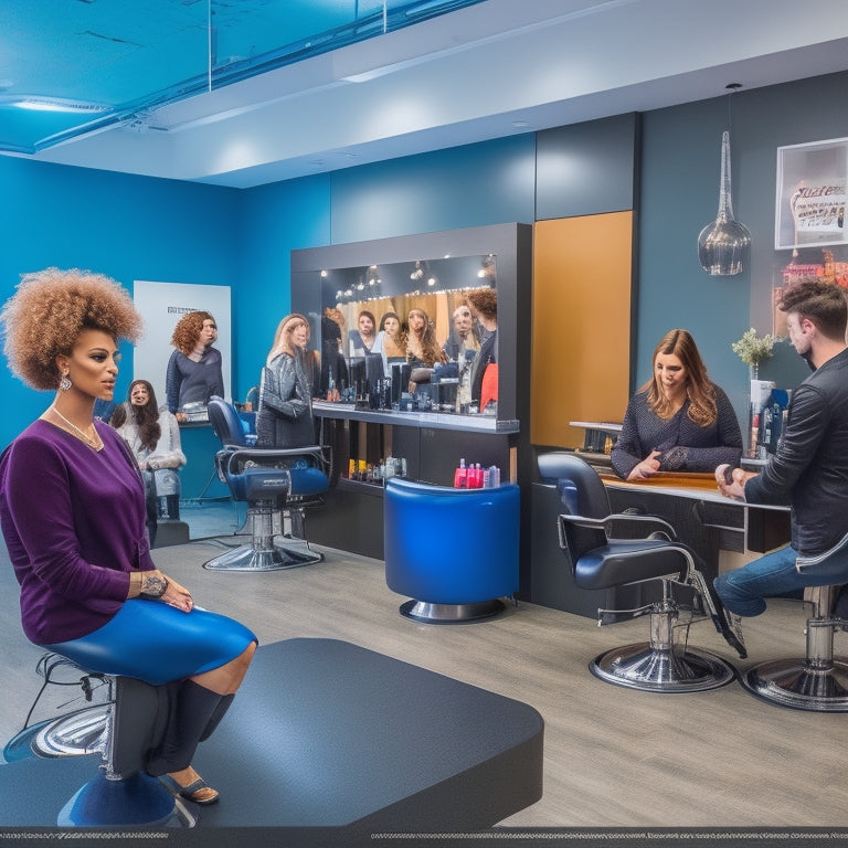 A vibrant, modern hair salon interior with a stylishly dressed instructor standing in front of a sleek, black hairdressing station, surrounded by various hair tools and products, with a few eager students observing.