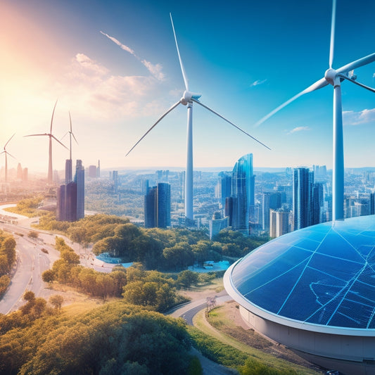 A futuristic, curved cityscape with lush greenery and a prominent wind turbine, surrounded by holographic screens displaying environmental data and graphs, set against a bright blue, cloudless sky.