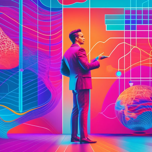 A stylized illustration of a person standing in front of a large, modern map with colorful, swirling lines and nodes, surrounded by minimalist computer and navigation elements.