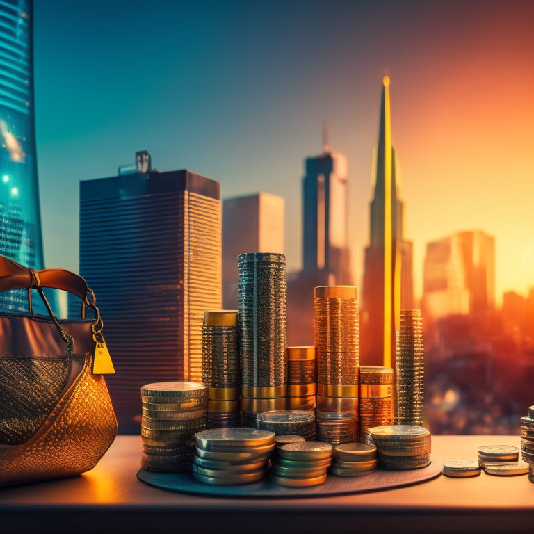 A stylized illustration of a rising chart graph, surrounded by shopping bags and coins, with a subtle background of a cityscape at dusk, conveying a sense of growth and prosperity.