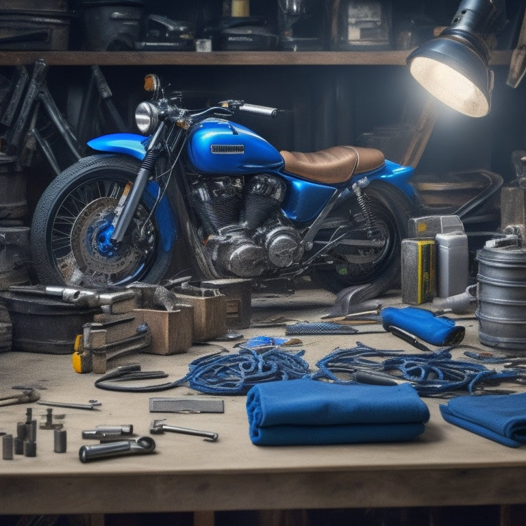 A cluttered workbench with various Yamaha motorcycle parts and tools scattered around, a laptop in the center displaying a digital repair manual, with a wrench and screwdriver lying on top of it.