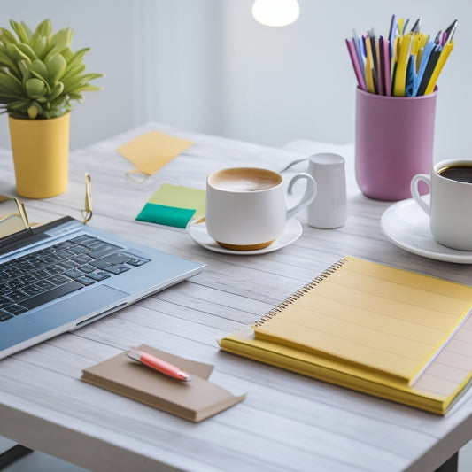 A minimalist, modern desk with a laptop, a cup of steaming coffee, and a stack of colorful, blank planners, surrounded by scattered paper clips, pens, and inspirational sticky notes.
