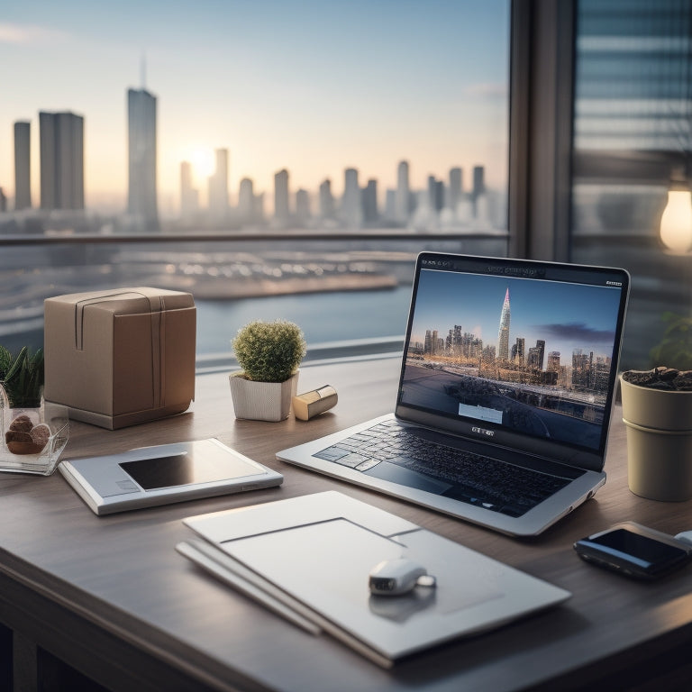 A stylized illustration of a digital merchant's workspace, featuring a laptop, tablet, and smartphone surrounded by neatly organized packages, with a subtle cityscape backdrop and a faint grid pattern representing digital infrastructure.
