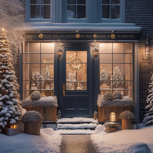 A festive, snowy ecommerce storefront at dusk, with twinkling lights, overflowing gift boxes, and a golden keyhole-shaped door adorned with holly, surrounded by snowy pinecones and evergreen branches.
