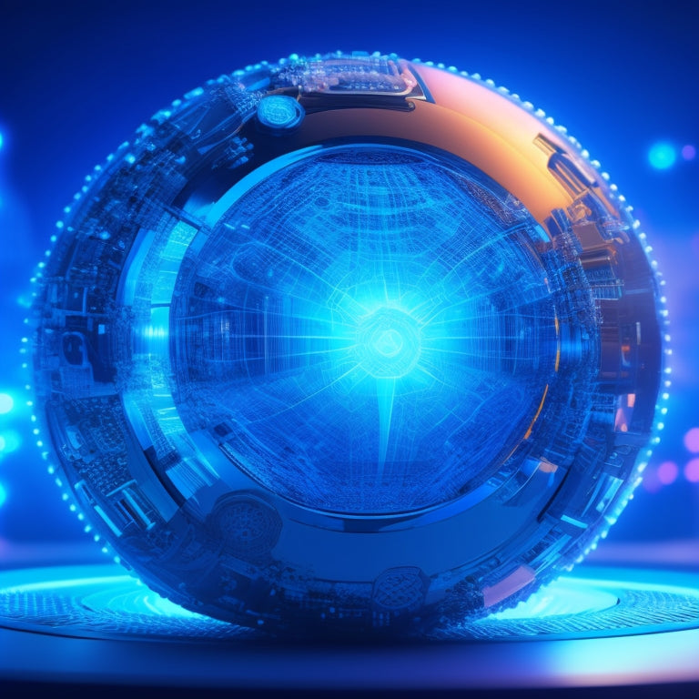 A futuristic, 3D illustration of a fortified, glowing blue sphere surrounded by a network of interconnected gears, circuit boards, and shields, with a subtle, pulsing light emanating from within.