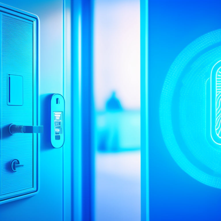 A stylized illustration of a person effortlessly unlocking a digital door with a fingerprint or password, surrounded by minimalist networks and security icons, set against a calming blue and white background.