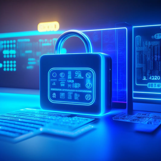 A futuristic, minimalist illustration depicting a virtual lock with glowing blue circuits, surrounded by orbiting payment cards, with a subtle background of binary code and faint ecommerce icons.