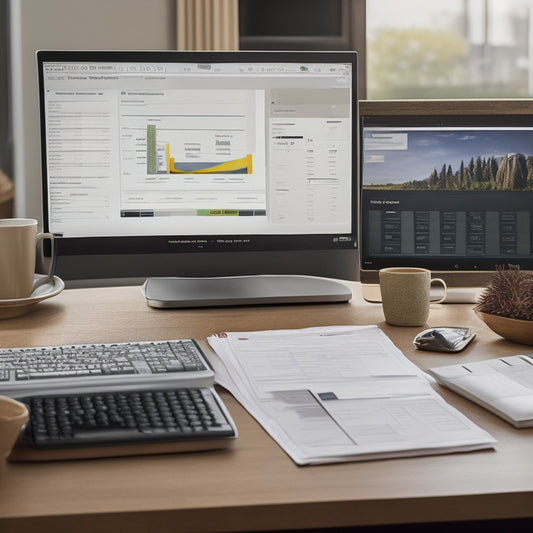 A computer screen displaying QuickBooks Payments dashboard with various tabs and menus, surrounded by organized papers, pens, and a calculator on a tidy office desk.