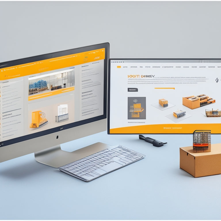 An illustration of a digital product delivery process, featuring a stylized ecommerce website on a laptop screen, with a series of connected nodes and lines representing efficient data flow.