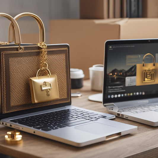 A gold key unlocking a padlock on a laptop screen displaying a Shopify storefront, surrounded by shopping bags, credit cards, and a subtle background of money signs and growth charts.
