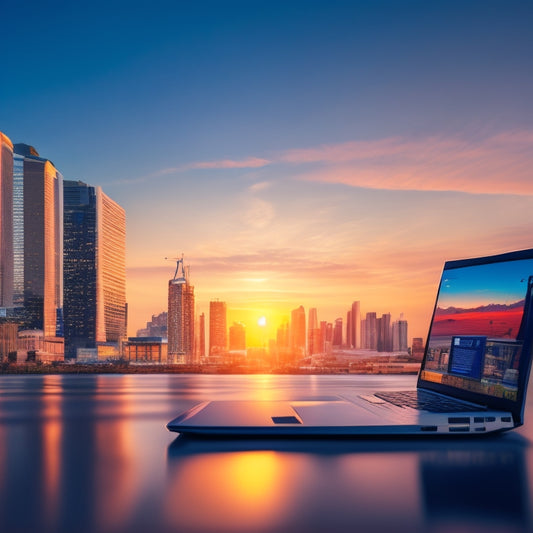 A stylized illustration of a laptop displaying an e-commerce website with a prominent shopping cart, surrounded by various Jotform forms and icons, blending seamlessly into a cityscape background at sunset.
