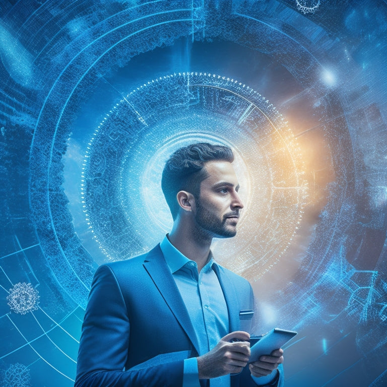 A stylized illustration of a customer surrounded by a halo of interconnected gears, with digital files and devices orbiting around them, set against a bright blue background with subtle gradient effects.