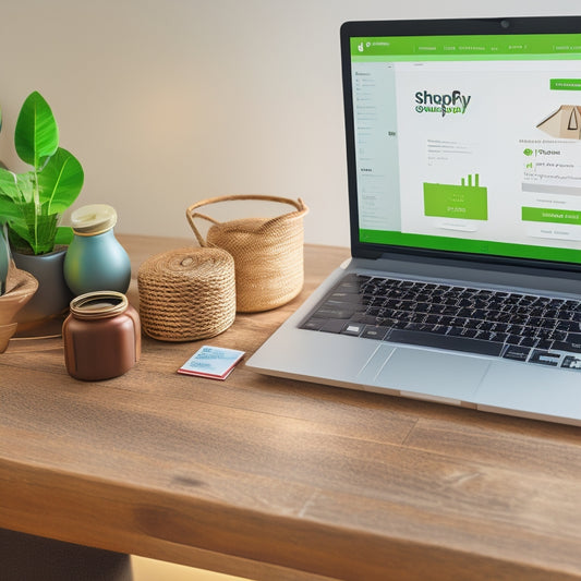 An illustration of a laptop screen displaying a Shopify dashboard, with a green tick on a credit card payment section, surrounded by subtle ecommerce icons and a faint shopping bag in the background.