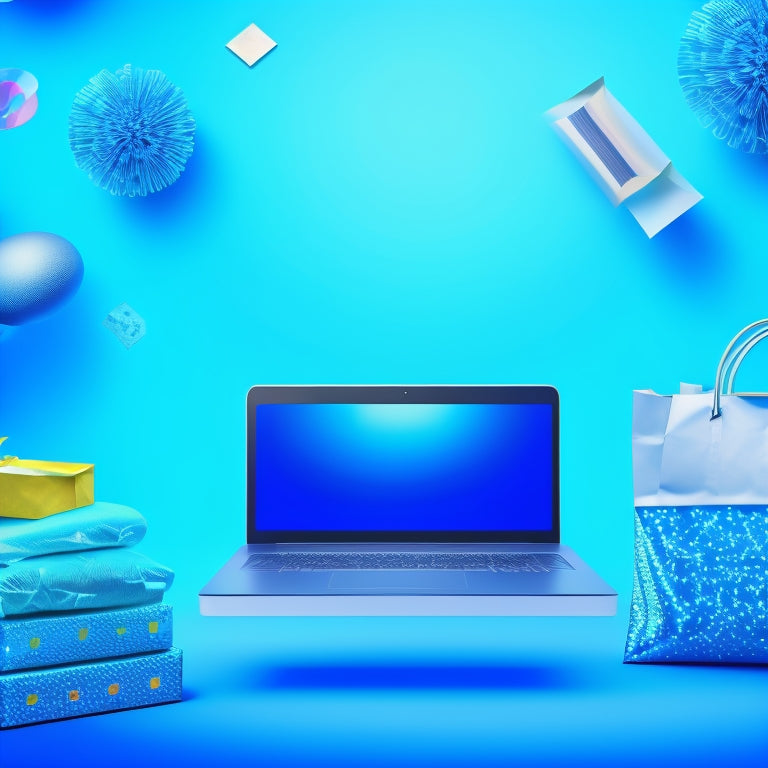 A stylized illustration of a laptop and smartphone surrounded by bursting shopping bags, confetti, and money symbols, set against a bright, gradient blue background with subtle digital patterns.