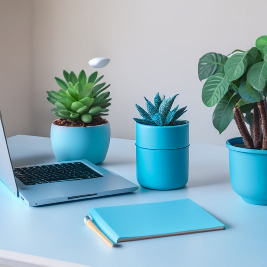 A modern, minimalist desk with a laptop, earbuds, and a notebook surrounded by colorful sticky notes, a cup of coffee, and a small potted plant, with a subtle background gradient of pastel blue and green.