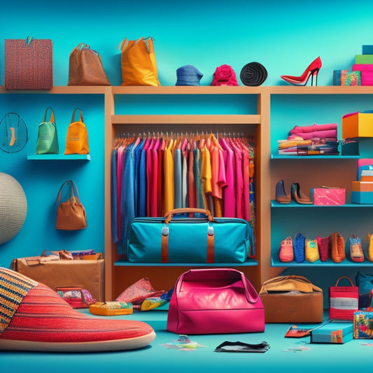 An illustration of a Magento store's virtual shelves overflowing with diverse products: colorful clothing, gadgets, home decor, and outdoor gear, surrounded by shopping bags, gift boxes, and confetti.