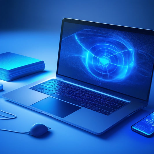 A futuristic, minimalist illustration of a laptop and a smartphone surrounded by swirling, vibrant blue lines and nodes, symbolizing the connection between devices and the React web app.