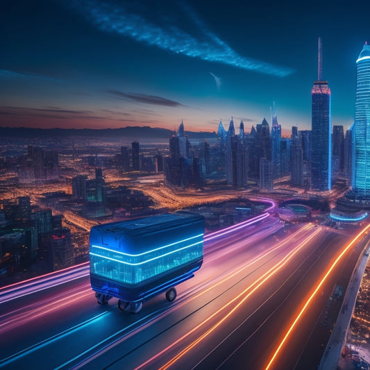 A futuristic cityscape at dusk with sleek skyscrapers, neon lights, and holographic advertisements, featuring a giant shopping cart icon hovering above the metropolis, surrounded by orbiting packages and digital codes.
