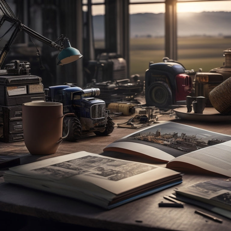 A cluttered desk with scattered AGCO parts manuals, torn pages, and broken binder rings, surrounded by frustrated farmer silhouettes in the background, with a blurred cityscape or factory landscape.