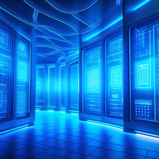 A futuristic, glowing repository hub with orbiting PHP packages, interconnected by neon blue lines, surrounded by hovering developers' avatars, amidst a dark blue background with subtle code patterns.