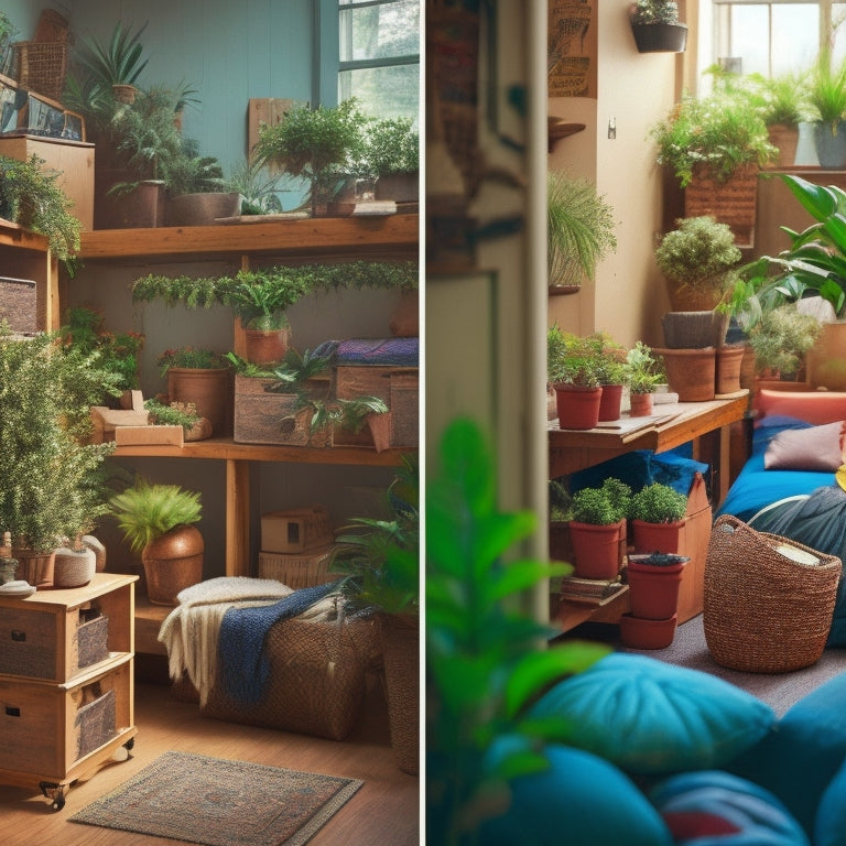 A split-screen image featuring a messy, cluttered room on one side, with boxes and packaging scattered everywhere, and a tidy, organized space on the other, with neatly stacked boxes and a few happy plants.