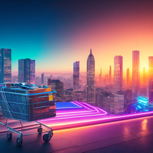 A futuristic online shopping cart overflowing with digital learning materials, surrounded by glowing screens displaying e-learning platforms, with a subtle background of a cityscape at sunset.