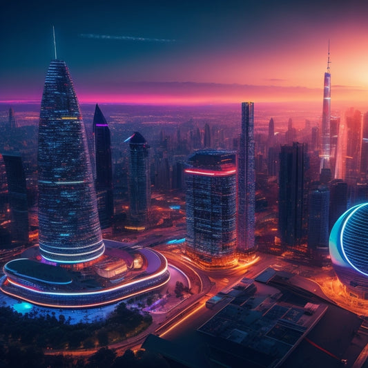 A futuristic, high-tech cityscape at dusk with sleek skyscrapers, neon lights, and a prominent, glowing online payment portal in the foreground, surrounded by orbiting digital coins.