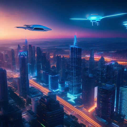 A futuristic cityscape at dusk with sleek skyscrapers, neon lights, and holographic advertisements swirling around, amidst flying drones and levitating tablets displaying vibrant graphs and charts.