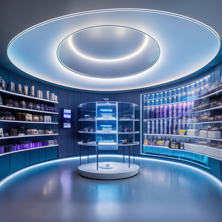 A futuristic retail store interior with sleek, minimalist shelves and a large, circular holographic display projecting swirling patterns of data and customer analytics in mid-air.