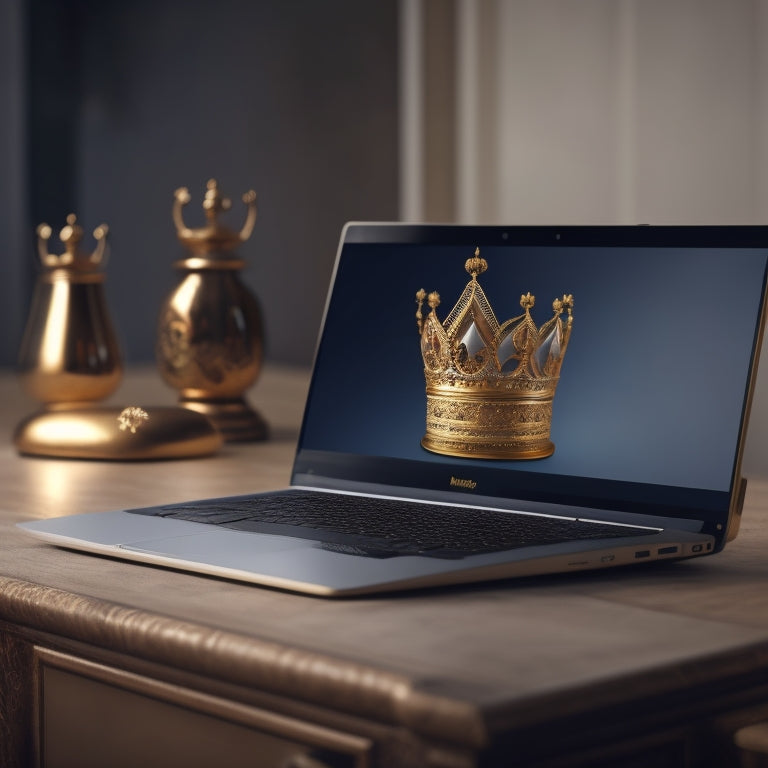 A regal, golden crown sits atop a sleek, modern laptop, with a Magento storefront displayed on the screen, surrounded by subtle ecommerce elements like shopping bags and credit cards.