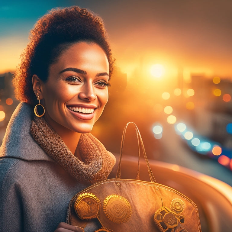 An illustration of a smiling customer surrounded by interconnected gears, with a shopping bag at the center, surrounded by a circle of loyalty badges, with a subtle background of a cityscape at dusk.