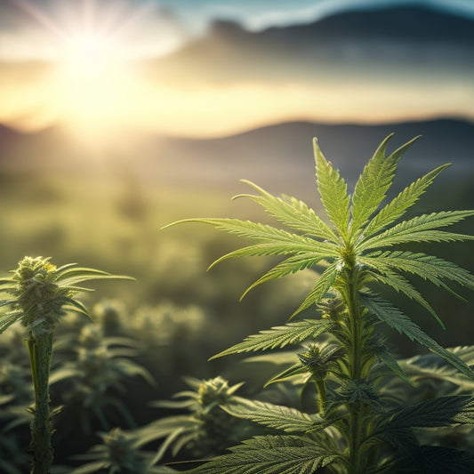 A serene landscape featuring a blooming cannabis plant at its center, surrounded by lush greenery, with a subtle, stylized network of lines and nodes in the background, evoking financial connectivity.